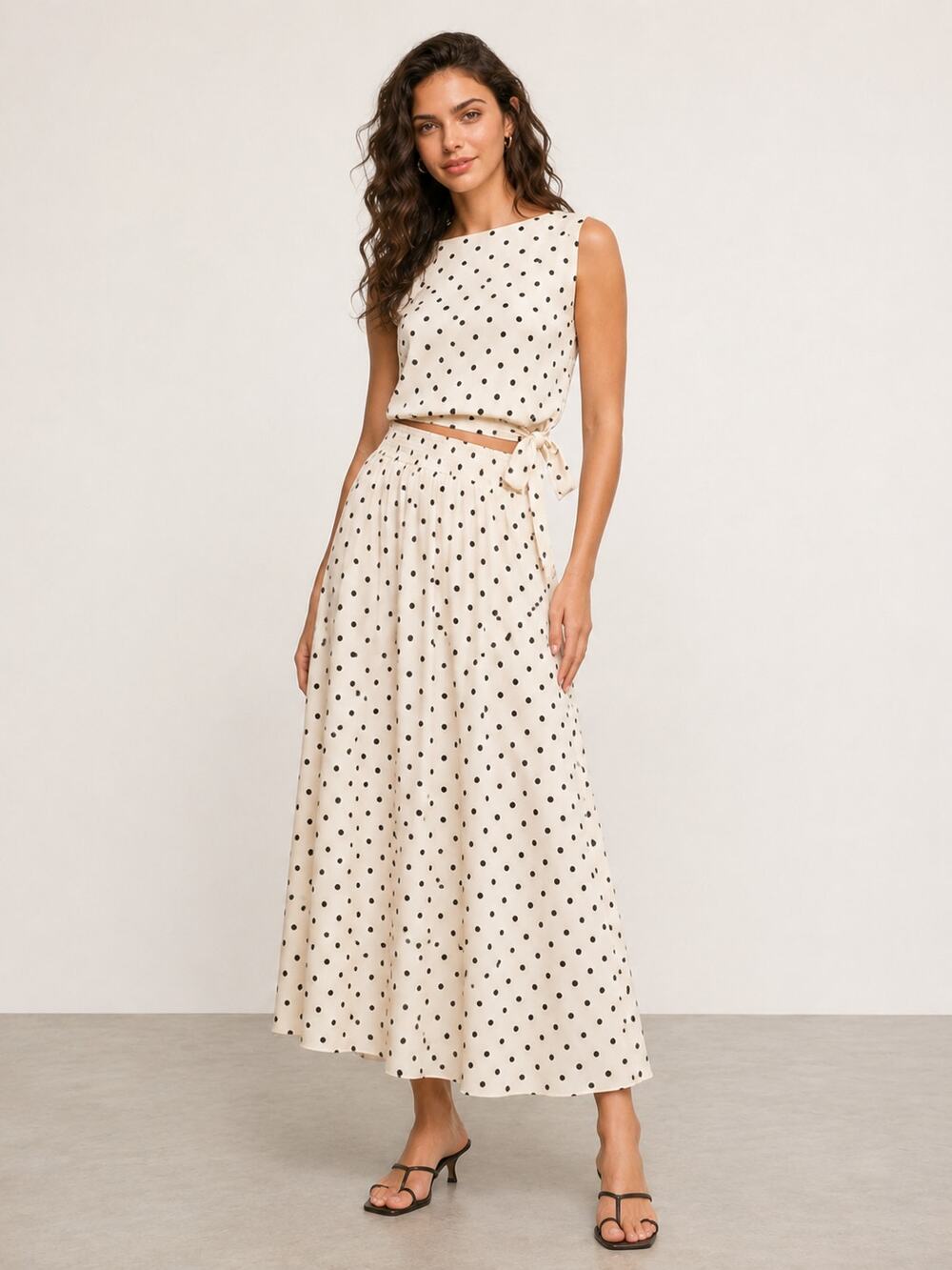 Commense Satin Polka Dot Sleeveless Top Skirt Set Cream Black XS NWT